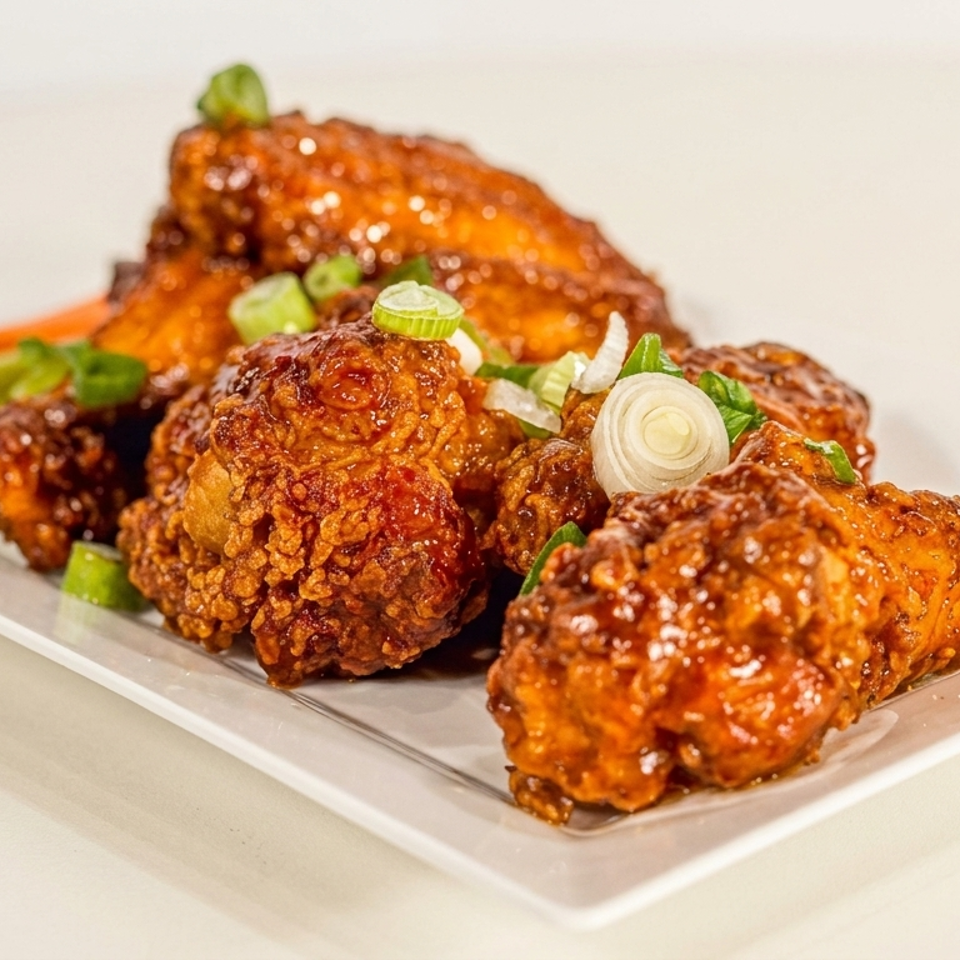 Crispy, glazed chicken wings garnished with sliced green onions and served with carrots and celery.