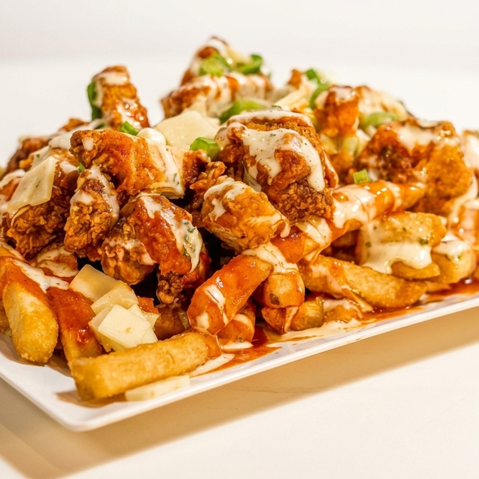 Crispy fried chicken and thick-cut fries drizzled with white and red sauces, topped with cheese and green onions.
