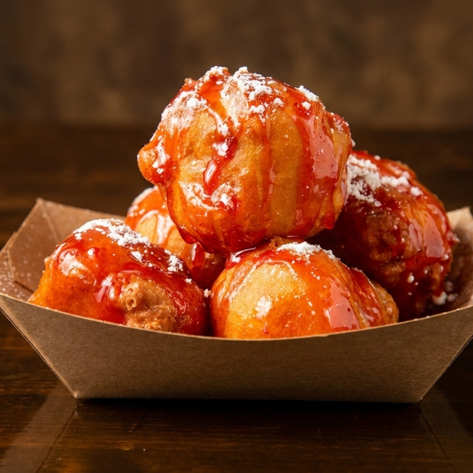 Golden-brown donut holes drizzled with red glaze and powdered sugar in a brown paper tray.