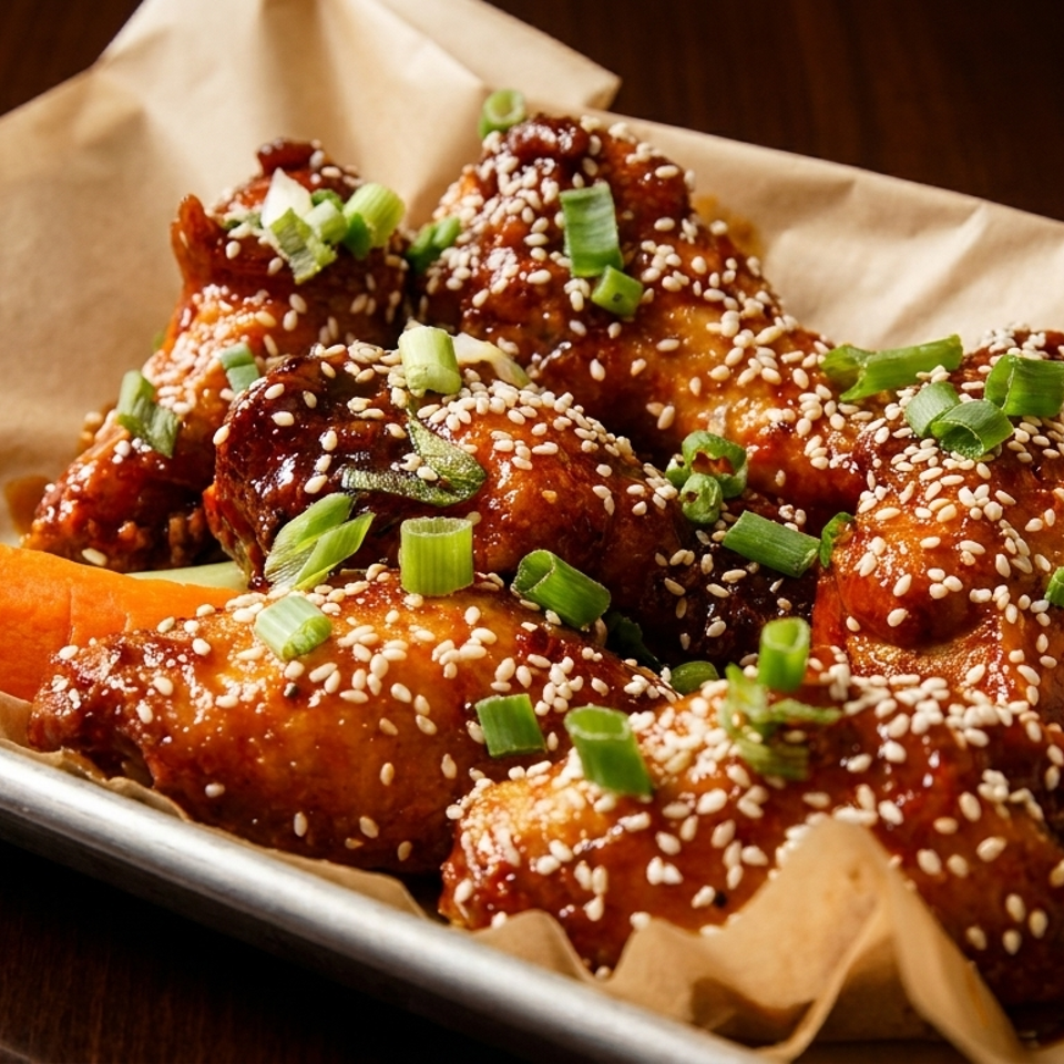 Sweet and spicy chicken wings with sesame seeds and green onions, served with celery and carrots.