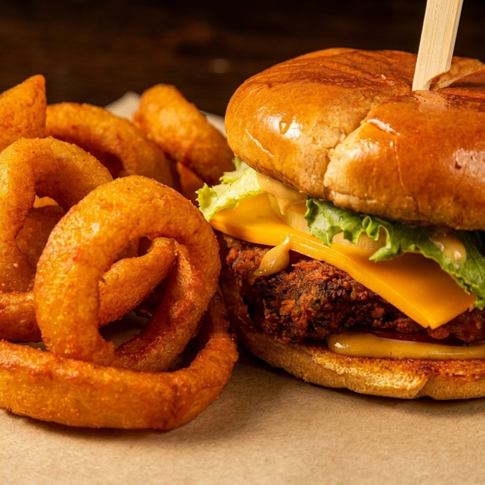 Crispy chicken sandwich with cheese, lettuce, and sauce, served with a side of golden onion rings.