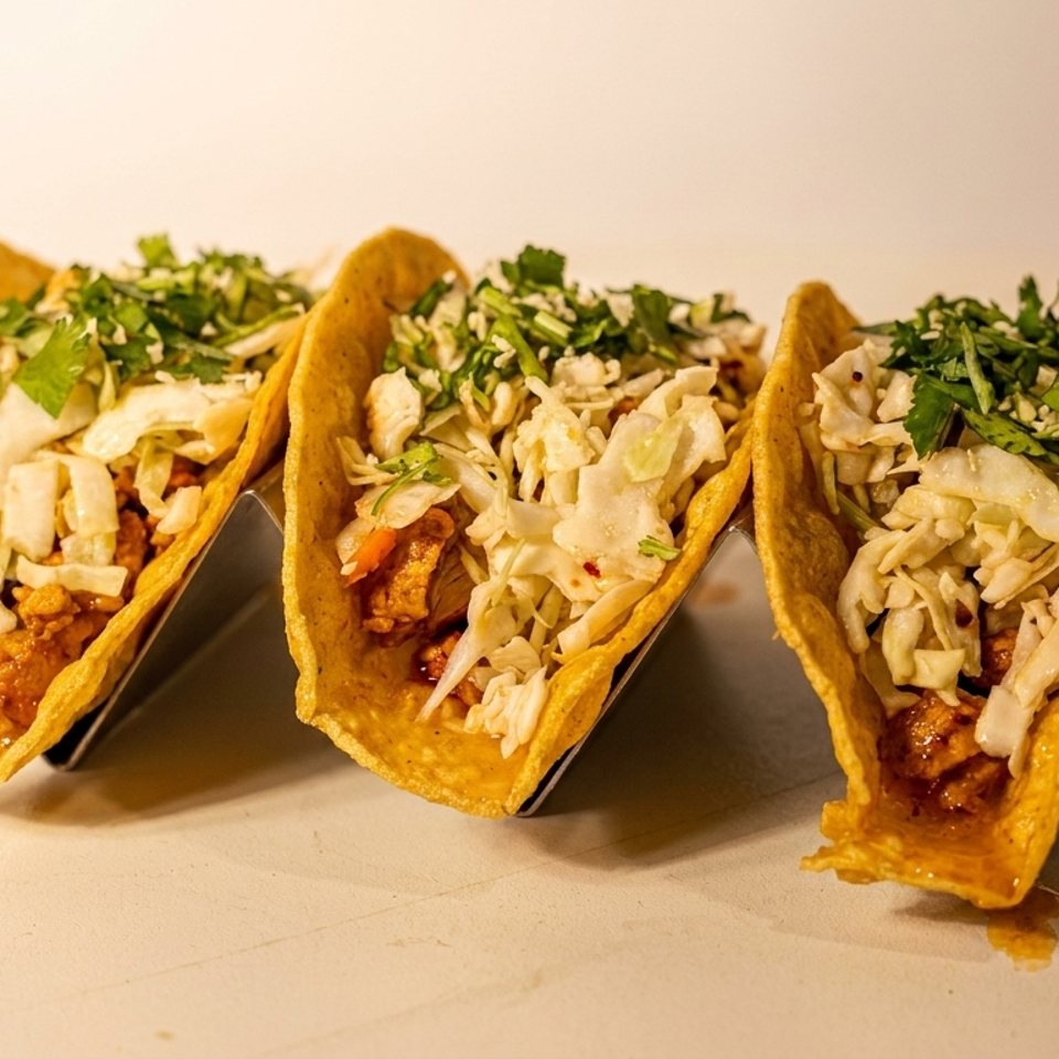 Three crispy tacos filled with meat, shredded cabbage, and fresh cilantro in metal holders.