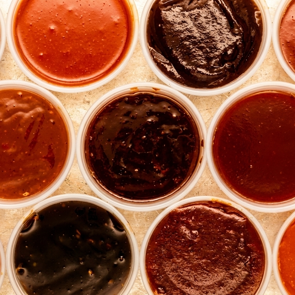 Overhead view of twelve plastic containers filled with various shades of red and brown sauces.