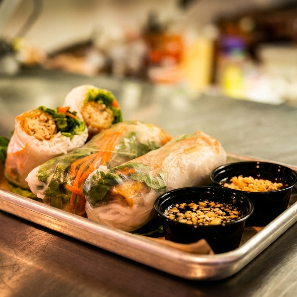 Fresh spring rolls with vegetables and chicken, served with two dipping sauces on a metal tray.