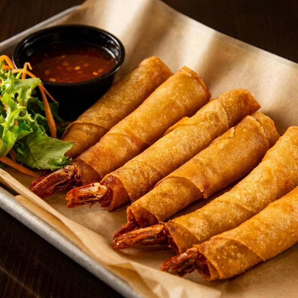 Golden fried shrimp rolls served with leafy salad, shredded carrots, and dipping sauce on a paper-lined tray.