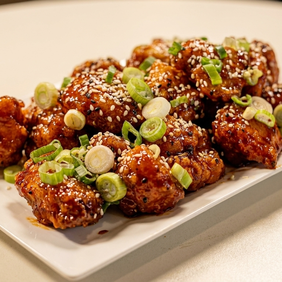 Crispy Korean fried chicken bites coated in a glossy sauce, topped with sesame seeds and sliced green onions.