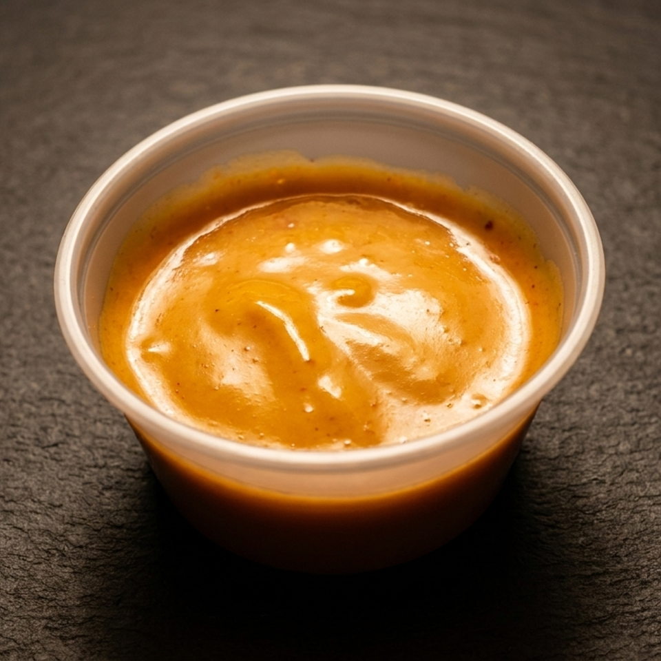 A small plastic cup filled with a creamy, orange-brown sauce on a dark, textured surface.