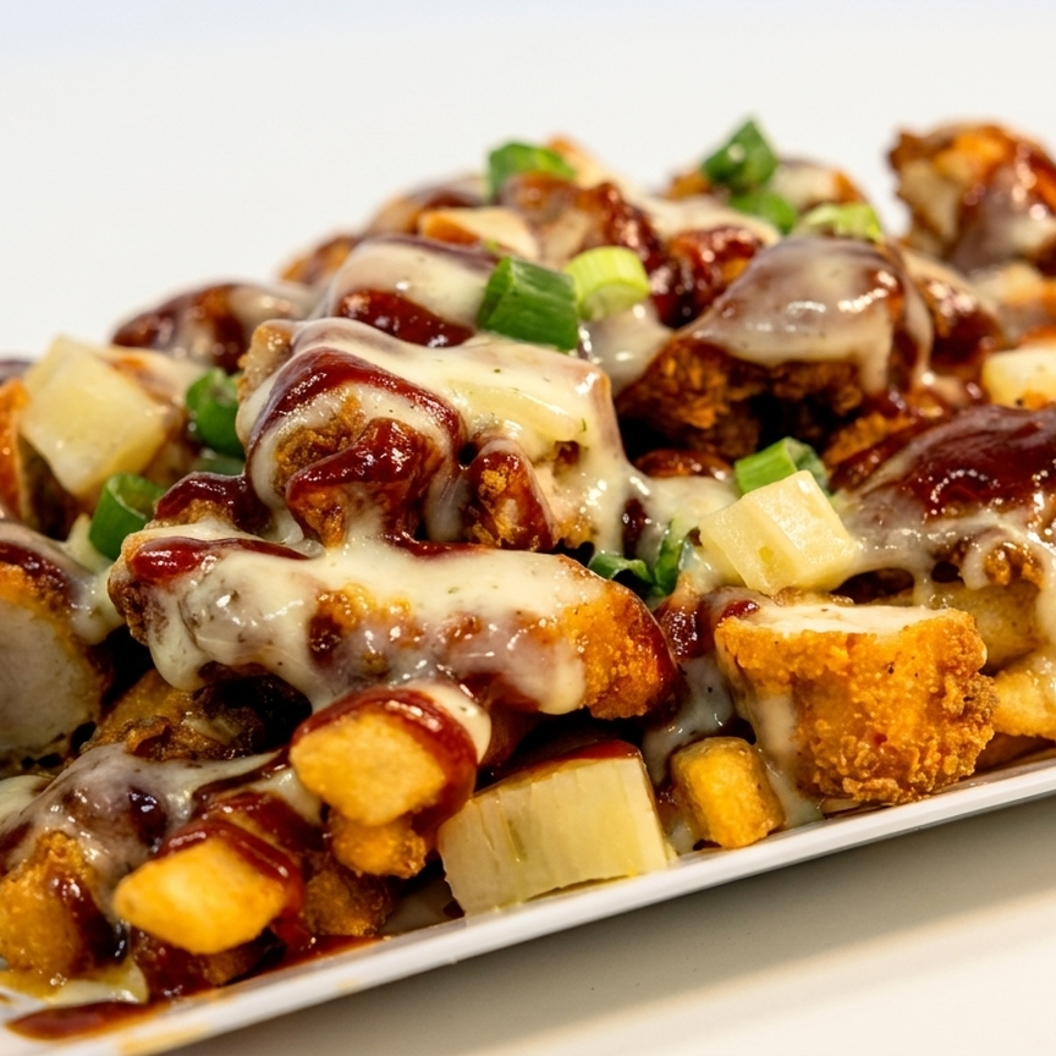 A close-up of loaded fries with crispy chicken, melted cheese, BBQ sauce, pineapple, and green onions.